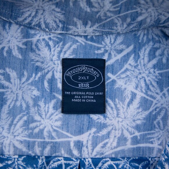 Brooks Brothers Hawaiian Shirt Mens 2XLT Reverse Print Blue Palm Cotton Resort - Picture 8 of 9